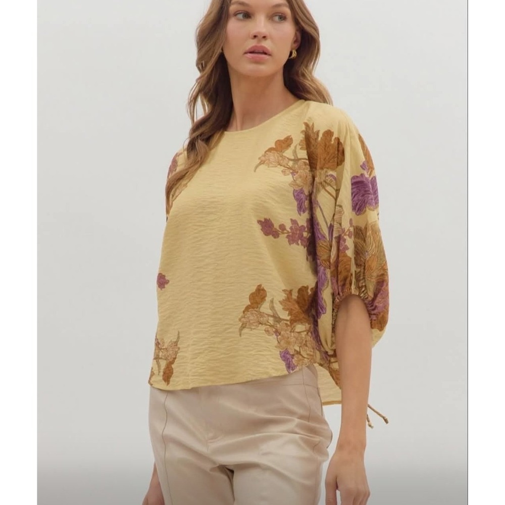Entro Womens 1X Yellow Floral Boho Blouse Ruched Tie Sleeve Rayon Top Earthy Art - Picture 11 of 11